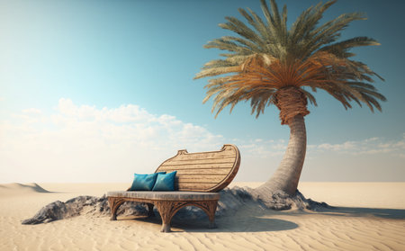 Wooden chair in the desert with palm tree. 3d renderの素材