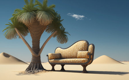 Sofa in the desert with palm trees. 3d renderの素材
