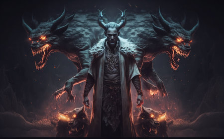 Devil with horns and demon on dark background. 3d renderingの素材