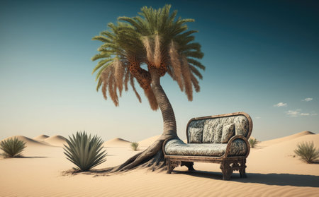 3d rendering of a palm tree and a sofa in the desertの素材