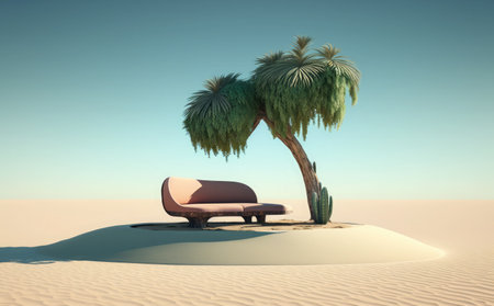 3D rendering of a desert with palm trees and a sofa.の素材