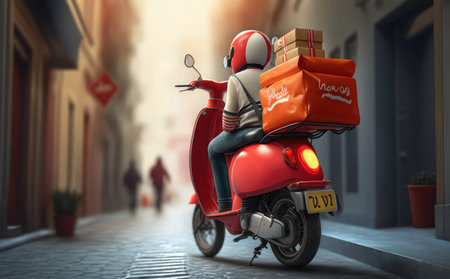 Delivery man on scooter with pizza boxes. 3d illustration.の素材