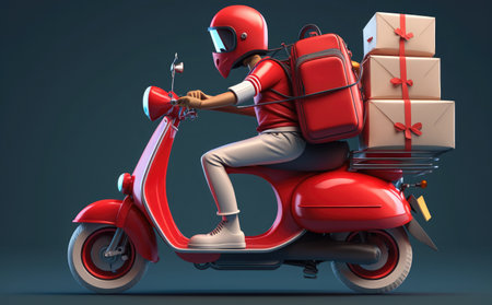 Delivery man riding a scooter with a lot of packages. 3D renderingの素材