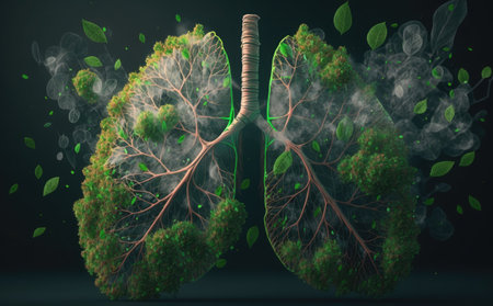 Human lungs with green leaves. Conceptual 3D render illustration.の素材