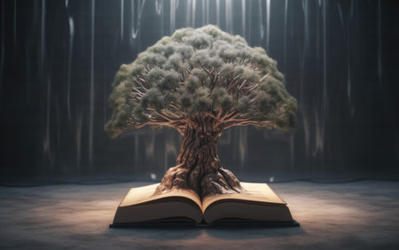 Open book with tree growing out of pages. 3D Renderingの素材