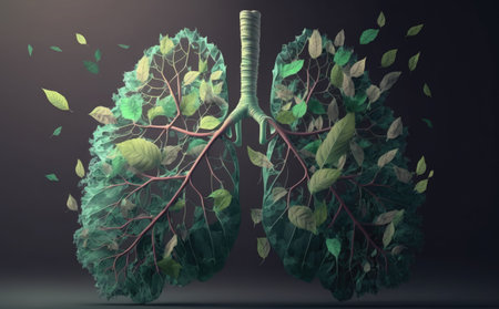 Human lungs with green leaves. 3D illustration. Nature concept.の素材