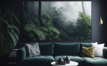 Interior of modern living room with green sofa and plants. 3d renderingの素材