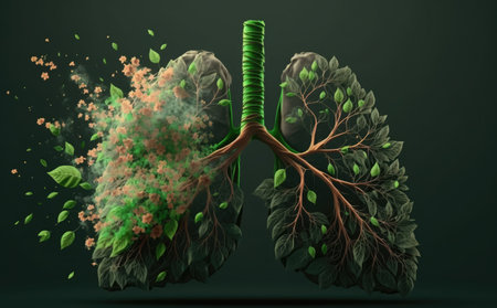 Human lungs with green leaves, 3d rendering. Computer digital drawing.の素材