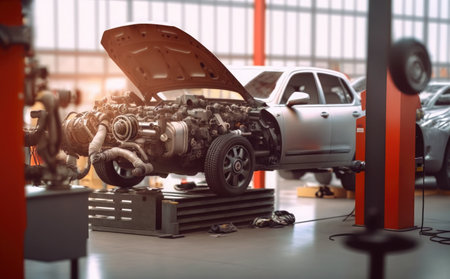 Auto mechanic repairing car in auto repair shop. Auto service industry.の素材