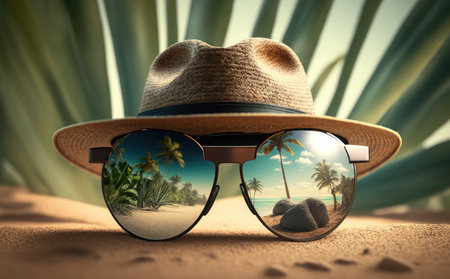Sunglasses with reflection of beach and palm trees in sand.の素材