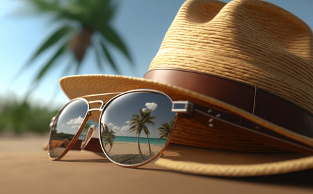 Sunglasses and hat on the beach. 3d rendering.の素材