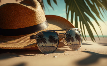 Straw hat and sunglasses on the sandy beach with palm trees.の素材
