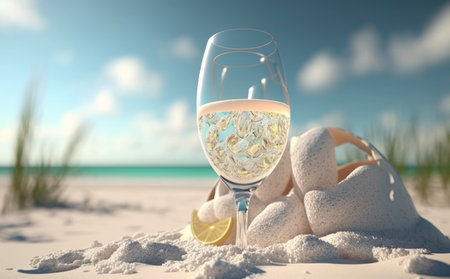 A glass of white wine on a sandy beach. 3d renderingの素材