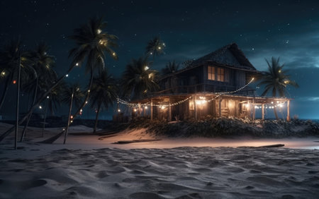 Tropical beach at night with palm trees and house. 3d renderingの素材