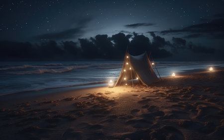 Camping tent on the beach at night. 3d illustration.の素材