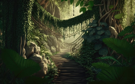 Hanging bridge in the jungle. 3D rendering. Computer digital drawing.の素材