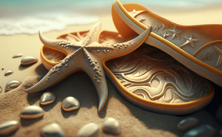 Starfish and seashells on the sand. 3d illustrationの素材