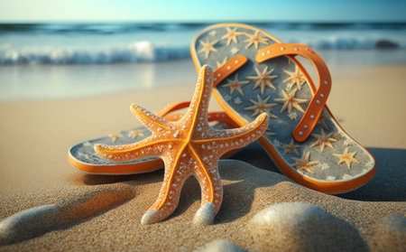 Orange flip flops and starfish on the beach. 3d renderingの素材