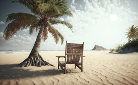 3D render of a wooden chair on the beach with palm treesの素材