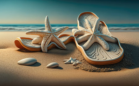 Starfish and flip flops on the beach. 3d renderの素材