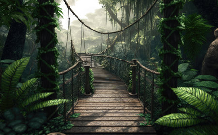 Wooden bridge in the jungle, 3d render. Computer digital drawing.の素材