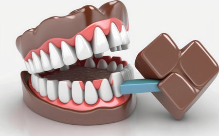 3d render of teeth with gum and chocolate bar in white backgroundの素材