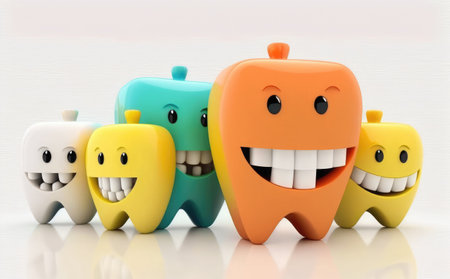 3d illustration of colorful tooth characters over white background. dental conceptの素材