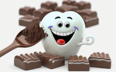 3d illustration of white smiley with chocolate and spoon over white backgroundの素材