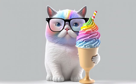 Cute cat in glasses with ice cream. 3d rendering.の素材