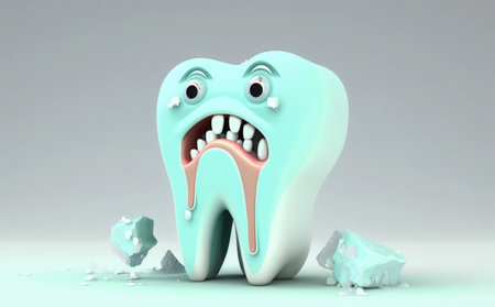 3d render of a cartoon tooth with a broken tooth on a gray backgroundの素材