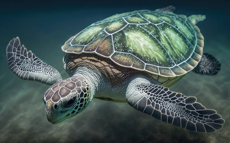 Green sea turtle on the seabed. 3D render.の素材