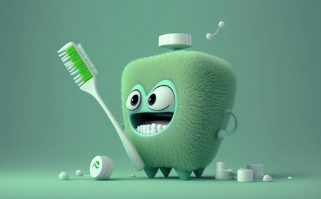 tooth character with toothbrush and dental floss - 3d illustrationの素材