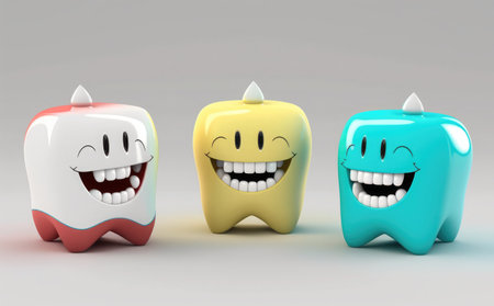 3d render of cartoon teeth with smiley faces isolated on gray backgroundの素材