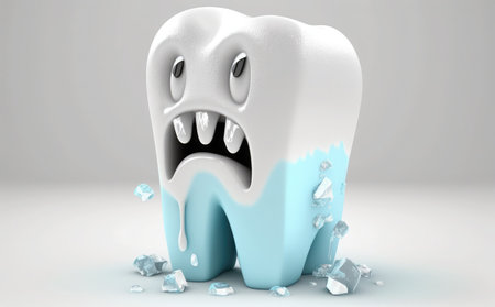 Tooth with broken tooth on white background. 3D rendering.の素材