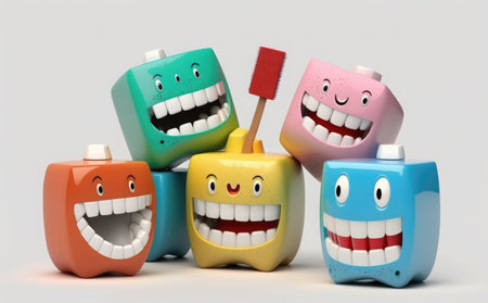 3d illustration of a group of colorful toothbrushes with smiling facesの素材