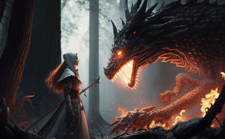 Fairy tale scene with a dragon in the forest. 3d rendering.の素材