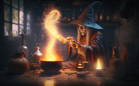 Halloween witch with magic potion. Witchcraft concept. Halloween background.の素材