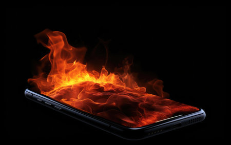 Burning smartphone on a black background. Close-up. The concept of the danger of fire.の素材