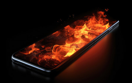 Close up of burning smartphone on black background. Concept of fire.の素材