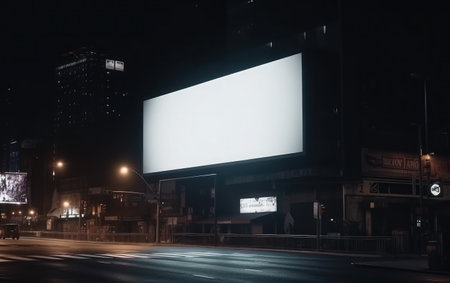 Blank white billboard on the road at night with cityscape background.の素材