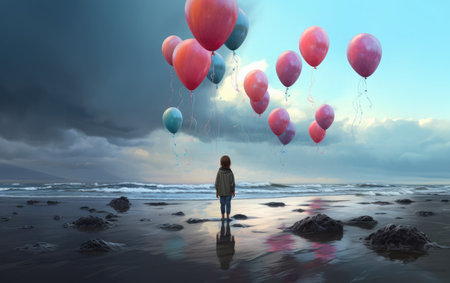 Woman walking on the beach with balloons in her hand. 3D renderingの素材