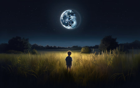 Little boy looking at the moon in the night sky. 3d renderingの素材