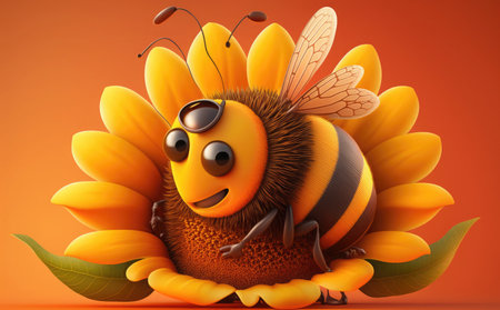 Cartoon bee with sunflower on orange background. 3d illustrationの素材