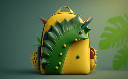 3d rendering of a green dragon in a yellow backpack on a green backgroundの素材