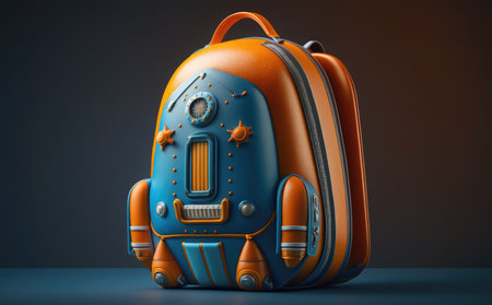 Orange travel backpack on a dark background. 3d render illustration.の素材