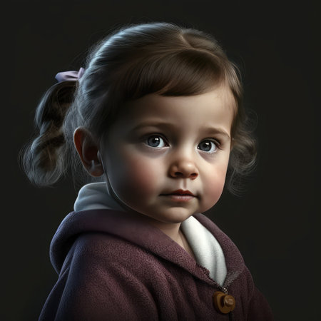 Portrait of a cute little girl in a coat on a dark backgroundの素材
