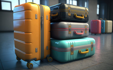 3D rendering of a group of suitcases in an empty roomの素材