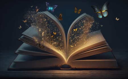 Opened book with flying butterflies on the pages, concept of educationの素材