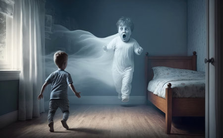 Little boy playing with a ghost in the room. Halloween concept.の素材