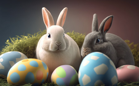 Easter bunnies with colorful eggs in grass. 3d illustrationの素材